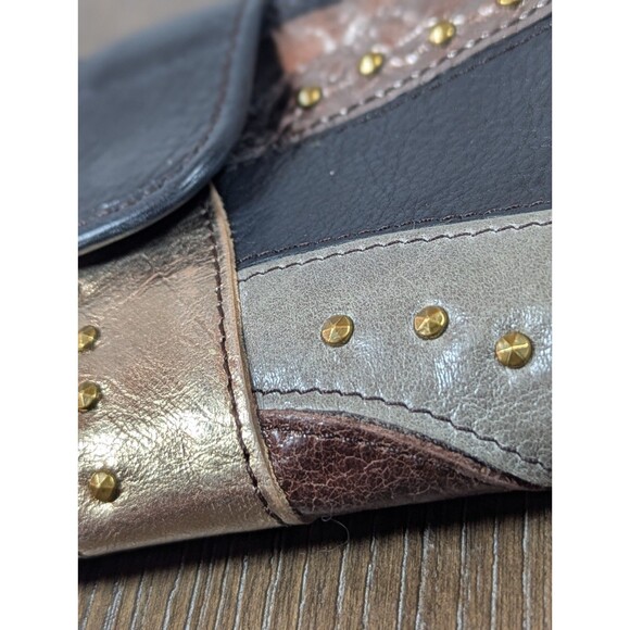 VTG Fossil Leather Wallet Black Gold Patchwork Studded Bi-fold Zip Snap Boho Y2K - Picture 2 of 14